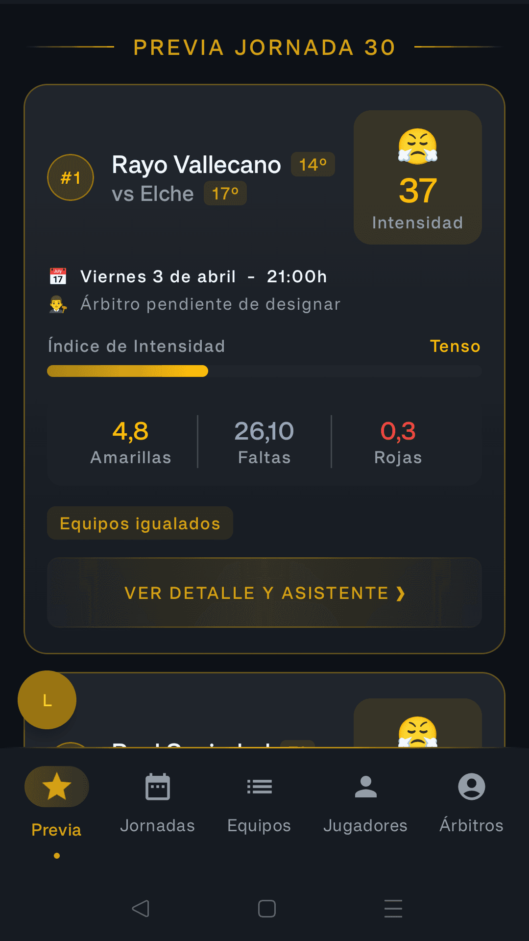 Captura de Silbato Pro mostrando la previa de la jornada